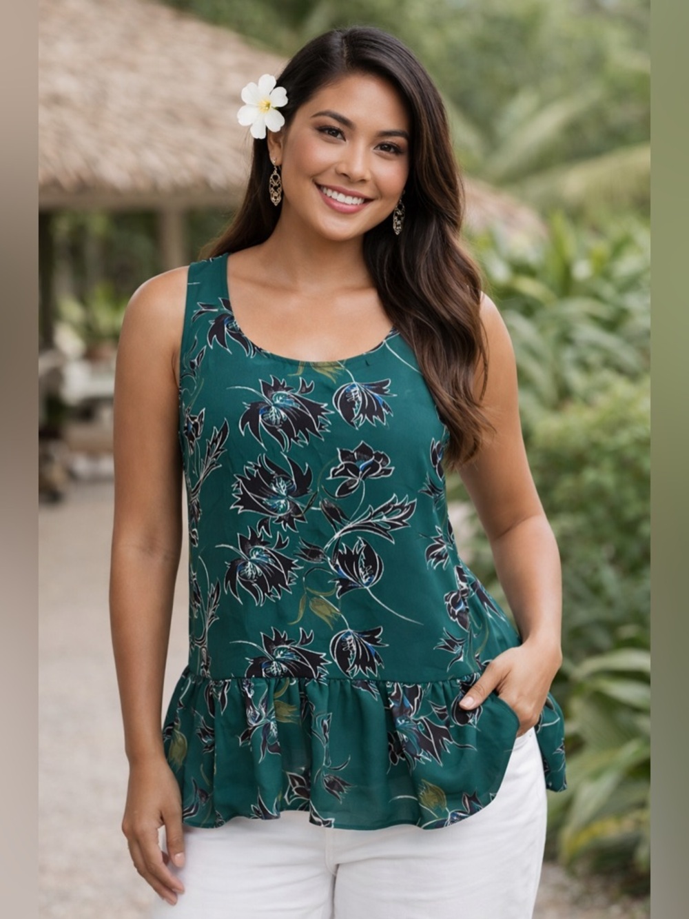 Cabi Zoe Sleeveless Top – Teal Floral Peplum Tank